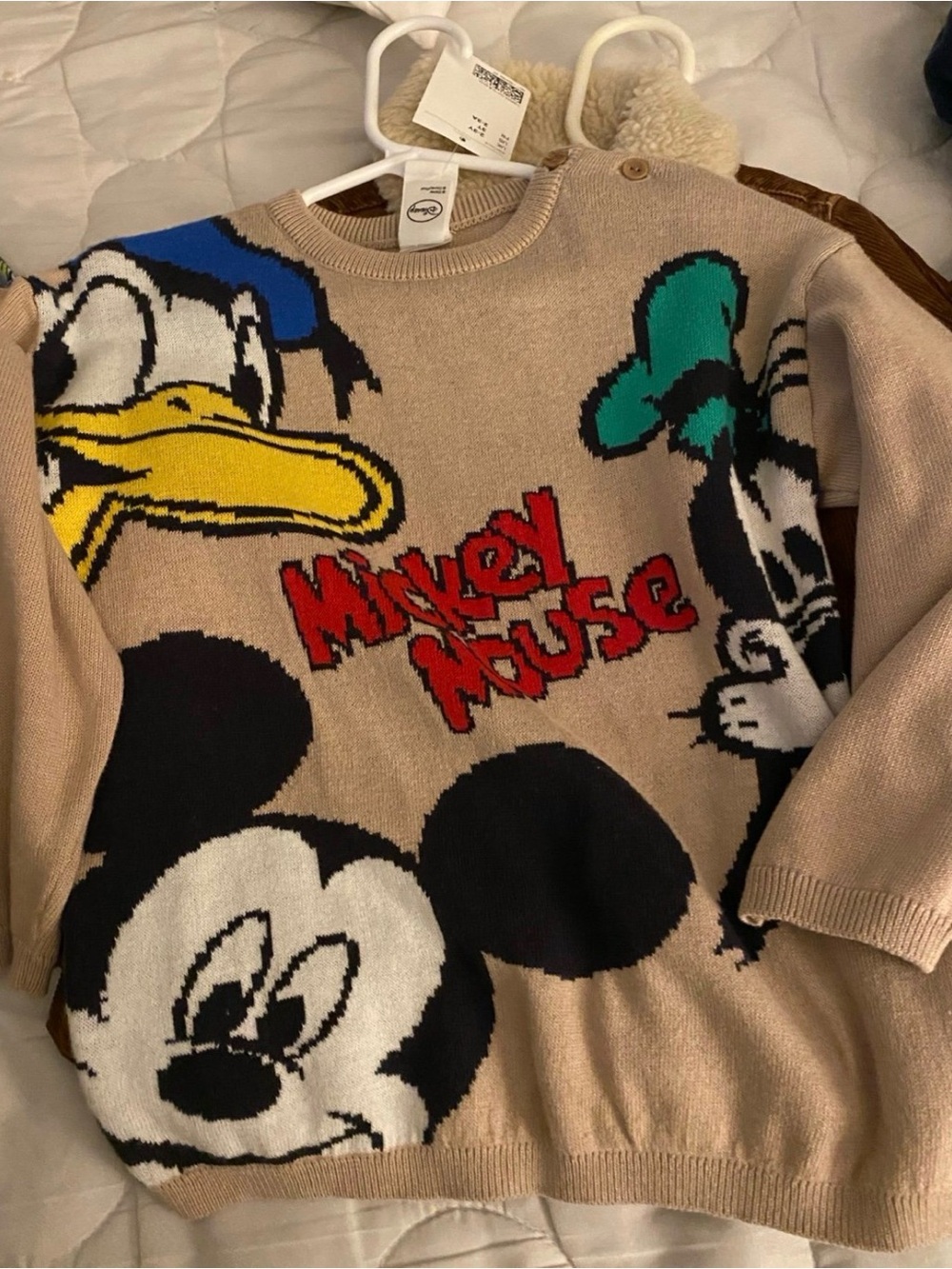 H&M Disney Beige Knit Sweater with Black, Red & Teal Mickey Graphics NWT